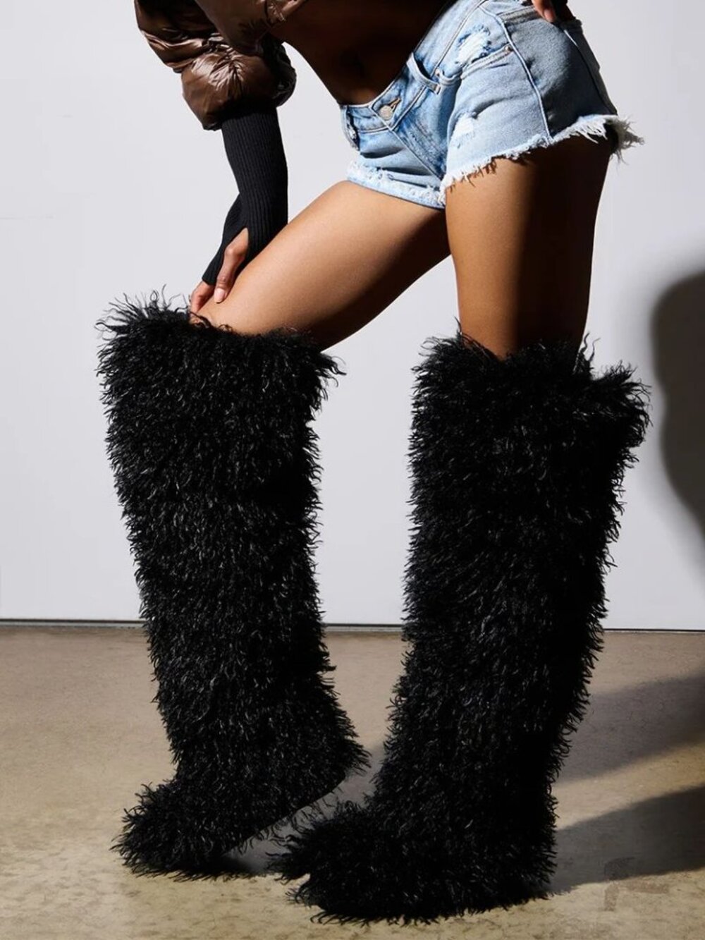 AZALEA WANG Templeton Over The Knee BOOTS Size 7.5 Black Poodle Faux Fur NEW